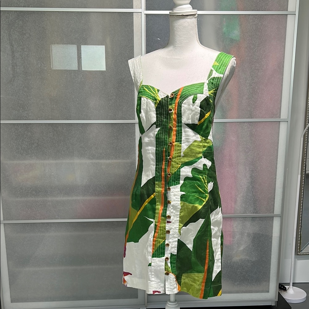 FARM Rio Green Leaf Button-Front Mini Dress White Tropicalistic Linen NWT size L